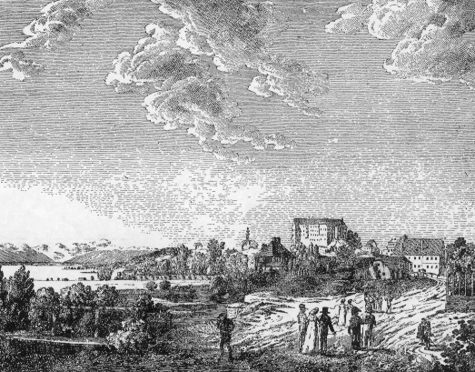  schwarz-weiß Zeichnung des Schlosses mit Sparziergängern