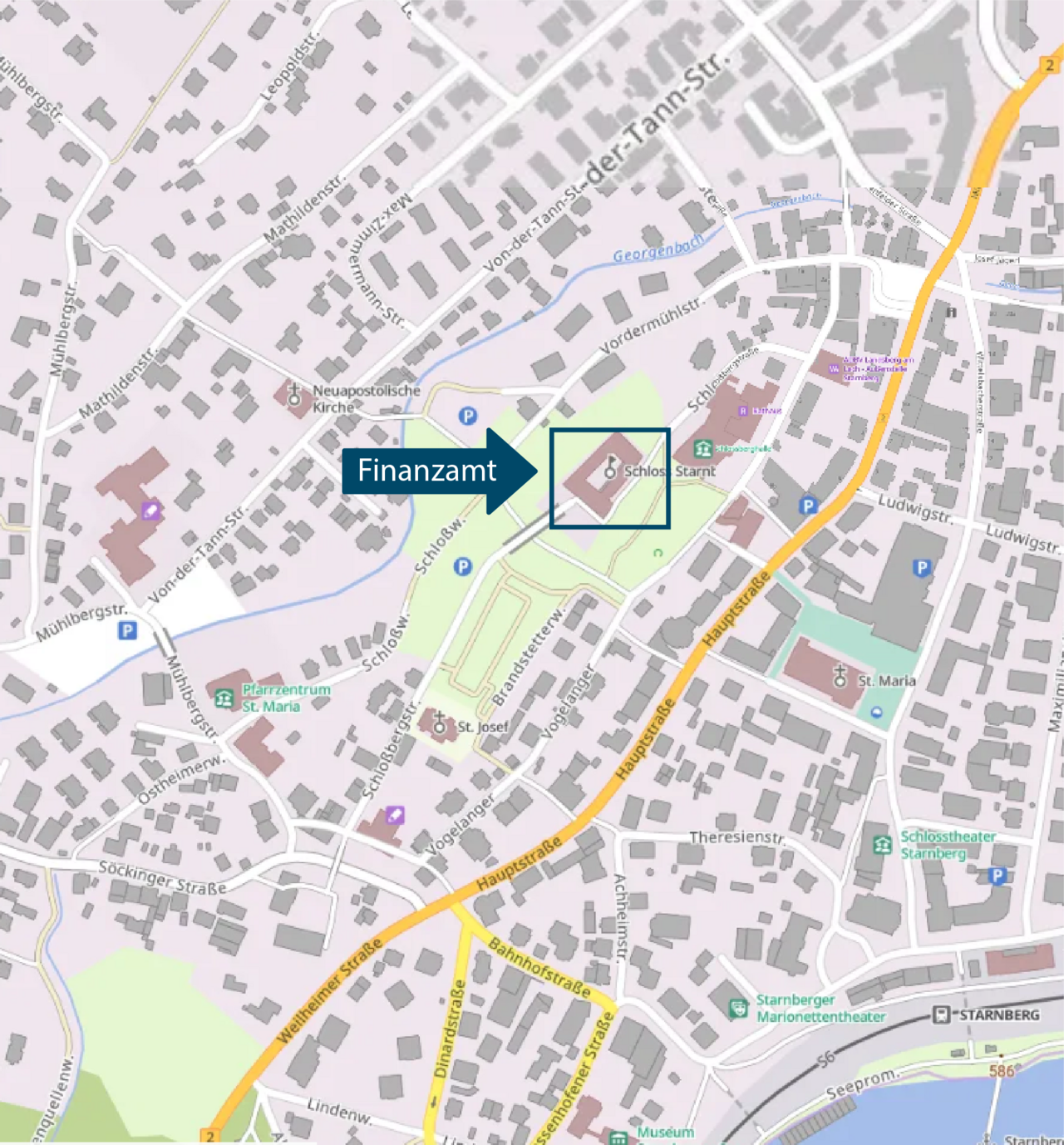  Lageplan mit Markierung des Finanzamts Starnberg